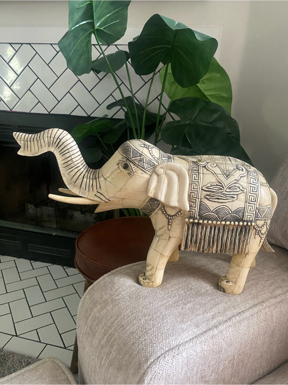 Vintage dChinese Hand Carved Bone Royal Elephant Japanese Statue Figure 14"